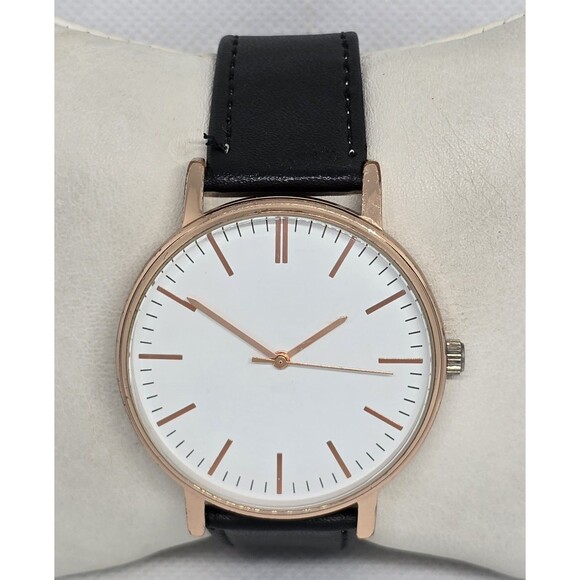 Unbranded Accessories - Men's Minimalistic Round White Dial Rose Gold Tone Black Leather Strap Watch 08